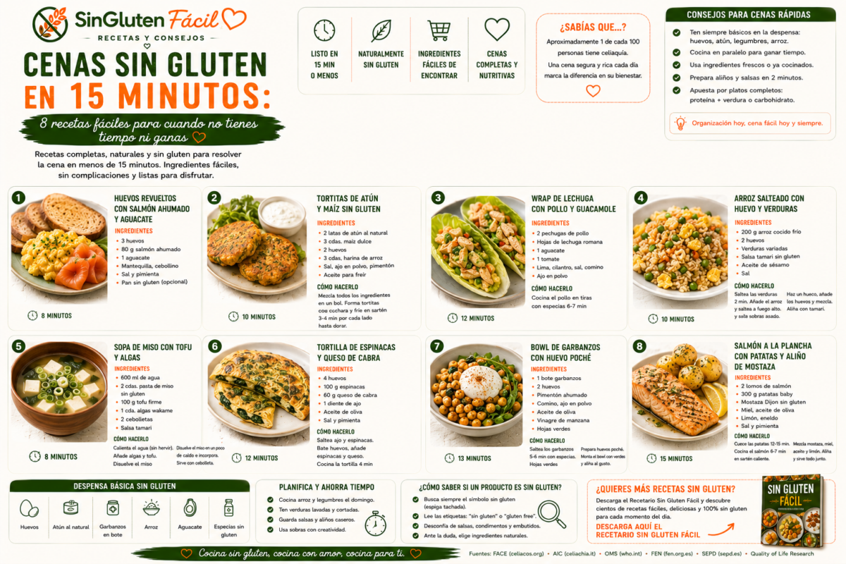 # Cenas sin gluten en 15 minutos: 8 recetas para cuando no tienes tiempo ni ganas **Meta descripción:** 8 cenas sin gluten listas en 15 minutos para los días sin tiempo ni ganas. Recetas rápidas, completas y naturalmente sin gluten para cenar bien sin esfuerzo. --- Son las ocho de la tarde. Llevas fuera de casa diez horas. Tienes hambre, estás cansado y lo último que te apetece es ponerte a cocinar. La opción fácil sería pedir algo, pero eso significa revisar si el restaurante tiene opciones sin gluten, si entienden la contaminación cruzada, si van a tardad media hora... En ese momento, la dieta sin gluten no parece una condición médica. Parece una conspiración contra tu bienestar. Esta lista existe para ese momento exacto. Ocho cenas sin gluten que no requieren planificación, no necesitan ingredientes especiales difíciles de encontrar, no exigen técnica culinaria y están listas en el tiempo que tardas en decidir qué pedir a domicilio. Todas usan ingredientes que probablemente ya tienes en casa o que puedes tener con una compra inteligente del domingo. Sin introducciones largas. Vamos directamente a las recetas. --- ## Las reglas de este listado Antes de empezar, el criterio de selección para que quede claro qué encontrarás aquí: → **15 minutos o menos.** Contados desde que abres el armario hasta que te sientas a comer. Sin trucos. → **Sin ingredientes especiales de difícil acceso.** Todo disponible en cualquier supermercado. → **Naturalmente sin gluten o con una sustitución mínima obvia.** → **Completa nutricionalmente.** Proteína + verdura o carbohidrato. No es solo "algo rápido": es una cena de verdad. Con eso en mente, empieza el cronómetro. --- ## Cena 1 — Huevos revueltos con salmón ahumado y aguacate · 8 minutos La cena que no falla nunca. Proteína de alta calidad, grasas saludables y se prepara en el tiempo que tarda en calentarse la sartén. **Lo que necesitas:** 3 huevos, 80 g de salmón ahumado sin gluten, 1 aguacate, mantequilla sin gluten, cebollino o cebolleta, sal y pimienta. Pan sin gluten tostado si tienes. **Cómo:** Bate los huevos con sal y pimienta. Funde mantequilla en sartén a fuego medio-bajo. Vierte los huevos y remueve suavemente con espátula sacando del fuego si se van a cuajar demasiado rápido. Apaga el fuego cuando todavía estén ligeramente cremosos: el calor residual los terminará. Sirve sobre el aguacate laminado y coloca el salmón encima. Cebollino picado por encima. **Por qué funciona en 8 minutos:** El secreto de los huevos revueltos perfectos es el fuego suave. Paradójicamente, el fuego bajo los hace más rápidos porque no hay que vigilarlos ni corregir una cocción excesiva. **Valor nutricional:** Los huevos son considerados por la [Organización Mundial de la Salud (OMS)](https://www.who.int) como una de las proteínas más completas y de mayor biodisponibilidad que existen. El aguacate aporta grasas monoinsaturadas y el salmón omega-3. Es una de las cenas más nutritivas de toda la lista. --- ## Cena 2 — Tortitas de atún y maíz sin gluten · 10 minutos Parecen más elaboradas de lo que son. La mezcla se hace en un bol, se fríe en sartén y listas. **Lo que necesitas:** 2 latas de atún al natural escurrido, 3 cucharadas de maíz dulce escurrido, 2 huevos, 3 cucharadas de harina de arroz, sal, ajo en polvo, pimentón. Aceite para freír. **Cómo:** Mezcla en un bol el atún desmenuzado, el maíz, los huevos, la harina de arroz y los condimentos. La mezcla debe tener consistencia de masa espesa. Si está muy líquida, añade una cucharada más de harina de arroz. Calienta aceite en sartén a fuego medio. Forma tortitas con una cuchara y fríe 3-4 minutos por cada lado hasta que estén doradas y firmes. **Para servir:** Con ensalada verde (ya lavada de bolsa para no perder tiempo) o con un yogur natural como salsa ligera con un poco de limón y eneldo. **Nota sobre el atún:** El atún en conserva al natural y en aceite de oliva es naturalmente sin gluten. El riesgo está en el atún en salsas o preparados, donde pueden aparecer almidones de trigo. Siempre atún en su jugo natural o en aceite simple. --- ## Cena 3 — Wrap de lechuga con pollo y guacamole · 12 minutos Sin tortilla, sin pan, sin gluten por naturaleza. La lechuga romana hace de envoltorio y el resultado es una cena fresca, ligera y completamente satisfactoria. **Lo que necesitas:** 2 pechugas de pollo pequeñas (o sobras de pollo asado), hojas grandes de lechuga romana o iceberg, 1 aguacate, 1 tomate, zumo de lima, cilantro fresco (opcional), sal, comino, ajo en polvo. **Cómo:** Si el pollo es fresco, córtalo en tiras finas y cocínalo en sartén con ajo en polvo, comino, sal y pimienta 6-7 minutos. Si es pollo asado sobrante, caliéntalo 2 minutos. Para el guacamole exprés: aplasta el aguacate con un tenedor, añade el tomate en dados muy pequeños, zumo de lima y sal. Monta cada hoja de lechuga como un taco: guacamole en la base, pollo encima, cilantro si lo tienes. **El truco de las sobras:** Esta receta es perfectamente diseñada para aprovechar pollo asado del día anterior. Lo que antes era una segunda cena aburrida se convierte en algo completamente diferente. Con la misma proteína, una cena nueva. --- ## Cena 4 — Arroz salteado con huevo y verduras del frigorífico · 10 minutos Esta cena tiene una condición: necesitas arroz cocido de antes. Si tienes el hábito de cocer arroz en cantidad el domingo (lo que la [Fundación Española de la Nutrición (FEN)](https://www.fen.org.es) recomienda como parte de una planificación alimentaria saludable y económica), esta cena son literalmente 10 minutos de trabajo real. **Lo que necesitas:** 200 g de arroz cocido frío, 2 huevos, lo que tengas en el frigorífico (zanahoria, guisantes, cebolleta, pimiento, maíz), salsa tamari sin gluten, aceite de sésamo o de girasol, sal. **Cómo:** Wok o sartén grande a fuego muy alto. Aceite. Saltea las verduras más duras primero (zanahoria, pimiento) 2 minutos. Añade el arroz frío desmenuzando los grumos con las manos. Fuego máximo, sin remover durante 1 minuto para que el arroz se dore ligeramente. Remueve y repite. Haz un hueco en el centro, casca los huevos, revuelve y mezcla con el arroz. Aliña con tamari. **El fuego alto es no negociable.** El arroz frito necesita calor intenso para que los granos queden sueltos y ligeramente tostados. Con fuego bajo se apelmazan y queda aguado. Si tu cocina de vitrocerámica no llega a temperaturas muy altas, usa la hornilla más potente que tengas. --- ## Cena 5 — Sopa de miso con tofu y algas · 8 minutos La sopa más rápida de esta lista y la más sorprendente para quien no la ha probado. El miso es una pasta fermentada de soja naturalmente sin gluten en su versión pura, aunque algunas marcas añaden cebada. Lee siempre la etiqueta. **Lo que necesitas:** 600 ml de agua, 2 cucharadas de pasta de miso sin gluten (shiro miso o aka miso), 100 g de tofu firme en dados, 1 cucharada de algas wakame deshidratadas, 2 cebolletas en rodajas finas, salsa tamari sin gluten. **Cómo:** Calienta el agua hasta que esté a punto de hervir (no debe hervir: el miso pierde sus propiedades con la ebullición fuerte). Añade las algas wakame y deja rehidratar 2 minutos. Añade el tofu en dados. Disuelve la pasta de miso en un poco del caldo caliente aparte antes de incorporarla a la sopa para que no queden grumos. Ajusta con tamari si necesita más sabor. Sirve con la cebolleta picada por encima. **Por qué el miso es especial para celíacos:** El miso fermentado es rico en probióticos naturales. Según investigaciones recogidas por la [Sociedad Española de Patología Digestiva (SEPD)](https://www.sepd.es), los alimentos fermentados como el miso pueden contribuir a mejorar el equilibrio de la microbiota intestinal, que con frecuencia está alterada en personas con celiaquía activa o en recuperación. --- ## Cena 6 — Tortilla de espinacas y queso de cabra · 12 minutos La tortilla es el plato sin gluten más versátil que existe. Esta versión con espinacas y queso de cabra la eleva de cena de emergencia a cena con personalidad. **Lo que necesitas:** 4 huevos, 100 g de espinacas frescas (o congeladas descongeladas y escurridas), 60 g de queso de cabra fresco sin gluten, 1 diente de ajo, aceite de oliva, sal y pimienta. **Cómo:** Saltea el ajo picado en aceite 30 segundos. Añade las espinacas y cocina hasta que se marchiten (2 minutos con frescas, 1 minuto con congeladas ya descongeladas). Salpimenta. Bate los huevos con sal y pimienta, añade las espinacas y el queso de cabra desmenuzado. Calienta sartén antiadherente con aceite a fuego medio. Vierte la mezcla. Cocina 4 minutos por un lado, dale la vuelta con un plato y cocina 2 minutos más. **La ventaja de la tortilla como cena:** Está igual de buena caliente que a temperatura ambiente. Si la preparas un poco antes de sentarte a cenar, no se estropea mientras pones la mesa o esperas a alguien. No hay ningún otro plato caliente con esa característica. --- ## Cena 7 — Bowl de garbanzos salteados con pimentón y huevo poché · 13 minutos Un bowl completo con proteína vegetal y animal que parece más trabajo del que es. El huevo poché suena intimidante pero con la técnica correcta no tarda más de 4 minutos. **Lo que necesitas:** 1 bote de garbanzos cocidos escurridos, 2 huevos, pimentón ahumado sin gluten, comino, ajo en polvo, aceite de oliva, vinagre de manzana, sal, hojas verdes para la base. **Cómo:** Saltea los garbanzos escurridos en aceite a fuego alto con pimentón, comino, ajo en polvo y sal durante 5-6 minutos hasta que estén dorados y ligeramente crujientes. Mientras, prepara los huevos poché: hierve agua con un chorro de vinagre. Cuando esté en ebullición suave, crea un remolino con la cuchara, casca el huevo en el centro y cocina 3-4 minutos. Saca con espumadera. Monta el bowl: hojas verdes en la base, garbanzos salteados, huevo poché encima. Un hilo de aceite de oliva y pimentón extra. **Por qué los garbanzos en conserva son un básico de la despensa sin gluten:** El bote de garbanzos cocidos es uno de los productos procesados más seguros para celíacos: en su versión simple (garbanzos + agua + sal) no contiene ningún alérgeno. La [Federación de Asociaciones de Celíacos de España (FACE)](https://celiacos.org) los incluye entre los alimentos de despensa recomendados para celíacos por su seguridad y versatilidad. --- ## Cena 8 — Salmón a la plancha con patatas cocidas y aliño de mostaza · 15 minutos (el límite) Esta es la cena más generosa de la lista y la que más se acerca al límite de los 15 minutos. La clave está en usar patatas pequeñas que se cuezan rápido, o patatas del día anterior recalentadas. **Lo que necesitas:** 2 lomos de salmón fresco, 300 g de patatas pequeñas (baby potatoes), mostaza de Dijon sin gluten, miel, aceite de oliva, limón, sal, pimienta, eneldo fresco o seco. **Cómo (en paralelo, no en secuencia):** *Al mismo tiempo:* Pon las patatas baby en un cazo con agua y sal. Hierven en 12-15 minutos. Y calienta una sartén a fuego alto para el salmón. *A los 5 minutos:* Salpimienta el salmón por ambos lados. Cocínalo en la sartén caliente con un hilo de aceite, 4 minutos por el lado de la piel y 2-3 minutos por el otro. El salmón está listo cuando puedes separar las lascas con facilidad. *Mientras el salmón descansa 1 minuto:* Mezcla en un bol la mostaza, la miel, el aceite de oliva, el zumo de limón y el eneldo. *Sirve:* Salmón con las patatas cocidas (enteras o ligeramente aplastadas) aliñado todo con la vinagreta de mostaza. **La clave del tiempo paralelo:** Estas 15 cenas fallan cuando se hacen de manera secuencial (primero una cosa, luego otra). La diferencia entre 15 y 25 minutos en la cocina casi siempre está en si sabes trabajar en paralelo: dos o tres procesos corriendo al mismo tiempo. Esta cena lo hace al máximo. --- ## La despensa que hace posibles estas 8 cenas Ninguna de estas recetas requiere una compra especial si tienes en casa los siguientes básicos sin gluten. Esta es la lista que convierte los 15 minutos en una posibilidad real y no en una promesa vacía: **Proteínas siempre disponibles:** Huevos (duran semanas), atún en lata, salmón ahumado en el frigorífico, queso de cabra o queso curado en porciones, tofu firme. **Carbohidratos y verduras de fondo:** Arroz cocido en nevera (que aguanta 5 días), garbanzos en bote, patatas baby, espinacas de bolsa (lavadas y listas), lechugas para base de bowl. **Condimentos que marcan la diferencia:** Salsa tamari sin gluten, mostaza de Dijon sin gluten, pasta de miso sin gluten, aceite de sésamo, pimentón ahumado, comino. Todos duran meses en la despensa y transforman completamente el sabor de cualquier plato sencillo. **Frescos que duran una semana:** Aguacates (puedes comprarlos verdes y dejar que maduren), limones, cebolletas. Con esa despensa en casa, cualquiera de estas ocho cenas es posible cualquier día sin ir al supermercado. --- ## Una reflexión para terminar Las personas que viven con celiaquía gastan significativamente más tiempo y energía cognitiva en la alimentación que la población general. Un estudio publicado en *Quality of Life Research* sobre el impacto de la celiaquía en la calidad de vida señaló que la carga de planificación alimentaria es uno de los factores que más negativamente afecta al bienestar psicológico de las personas celíacas, especialmente en los momentos del día de mayor cansancio, como la cena. Tener un repertorio de cenas rápidas y seguras no es un lujo. Es una herramienta de salud mental. Si quieres ampliar ese repertorio más allá de estas ocho cenas, el **Recetario Sin Gluten Fácil** tiene recetas para todas las horas del día: desayunos, comidas, cenas y postres, todos sin gluten, todos con ingredientes que encuentras en cualquier supermercado y todos pensados para que cocinar sin gluten sea lo más sencillo posible, incluso los días en que no tienes ni tiempo ni ganas. 👉 **[Descarga aquí el Recetario Sin Gluten Fácil]** y convierte cada cena en algo que puedas resolver con confianza, aunque sean las ocho de la tarde y estés agotado. --- *¿Cuál de estas ocho cenas vas a probar esta semana? ¿Tienes alguna cena sin gluten ultrarrápida que siempre te salva y que no está en esta lista? Cuéntanoslo en los comentarios.* > **Fuentes consultadas:** > - Organización Mundial de la Salud (OMS) — perfiles nutricionales de alimentos: [who.int](https://www.who.int) > - Federación de Asociaciones de Celíacos de España (FACE): [celiacos.org](https://celiacos.org) > - Fundación Española de la Nutrición (FEN): [fen.org.es](https://www.fen.org.es) > - Sociedad Española de Patología Digestiva (SEPD): [sepd.es](https://www.sepd.es) > - Quality of Life Research — estudio sobre impacto de la celiaquía en calidad de vida