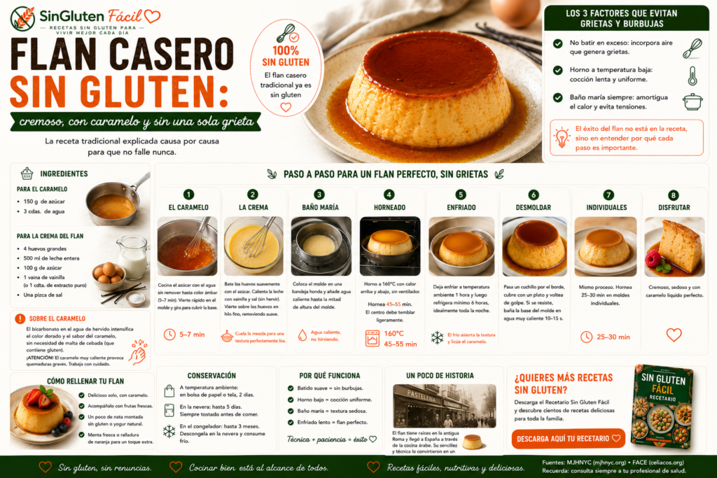 Flan casero sin gluten cremoso, con caramelo y sin una sola grieta