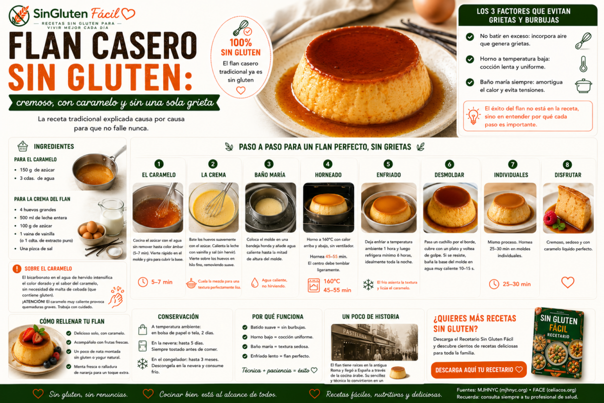 Flan casero sin gluten cremoso, con caramelo y sin una sola grieta