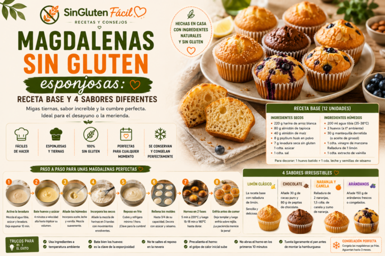 Magdalenas sin gluten esponjosas: receta base y 4 sabores diferentes
