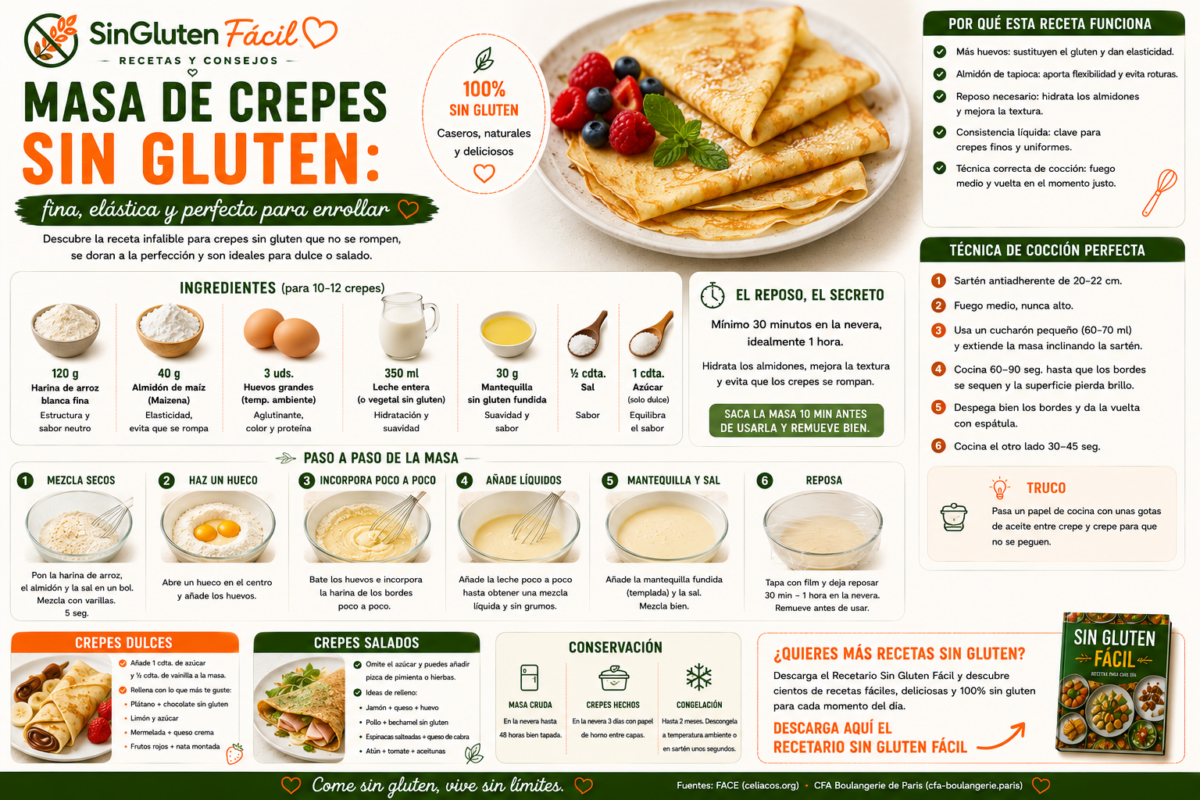 Masa de crepes sin gluten: fina, elástica y perfecta para enrollar