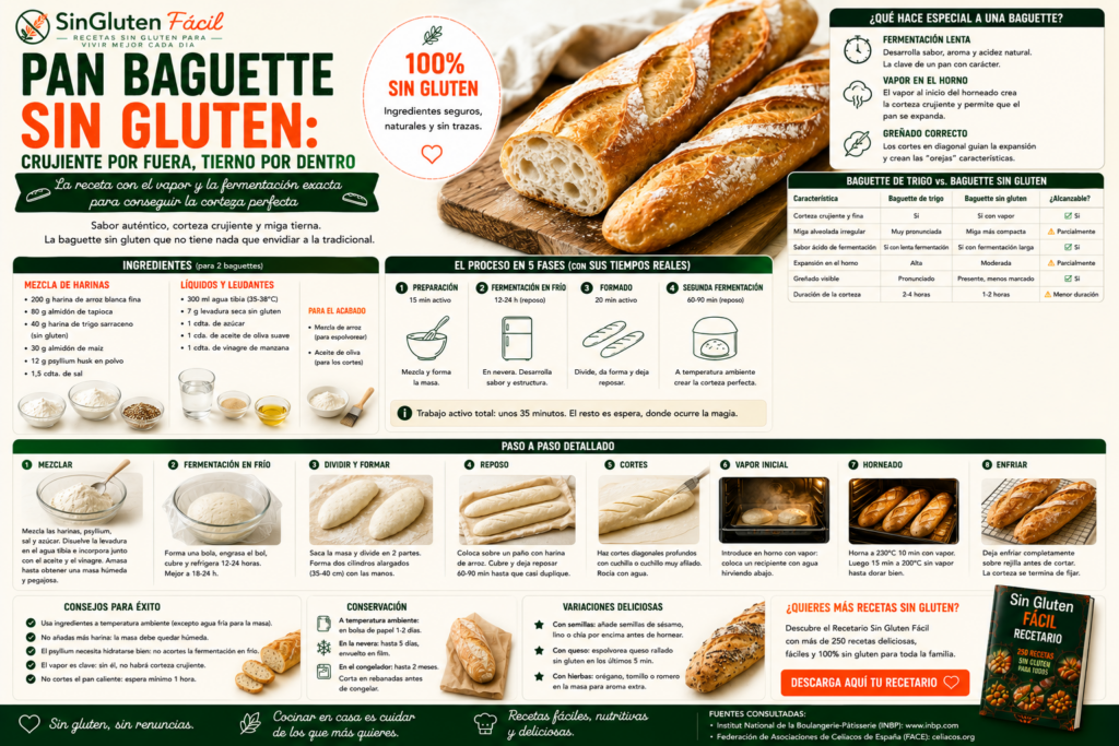 Pan baguette sin gluten crujiente por fuera, tierno por dentro