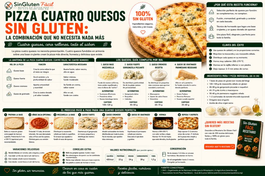 Pizza cuatro quesos sin gluten la combinación que no necesita nada más