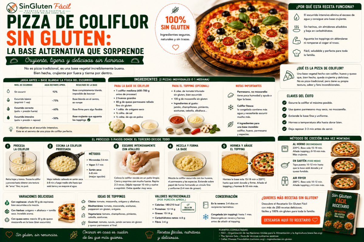 Pizza de coliflor sin gluten la base alternativa que sorprende a quien más desconfía